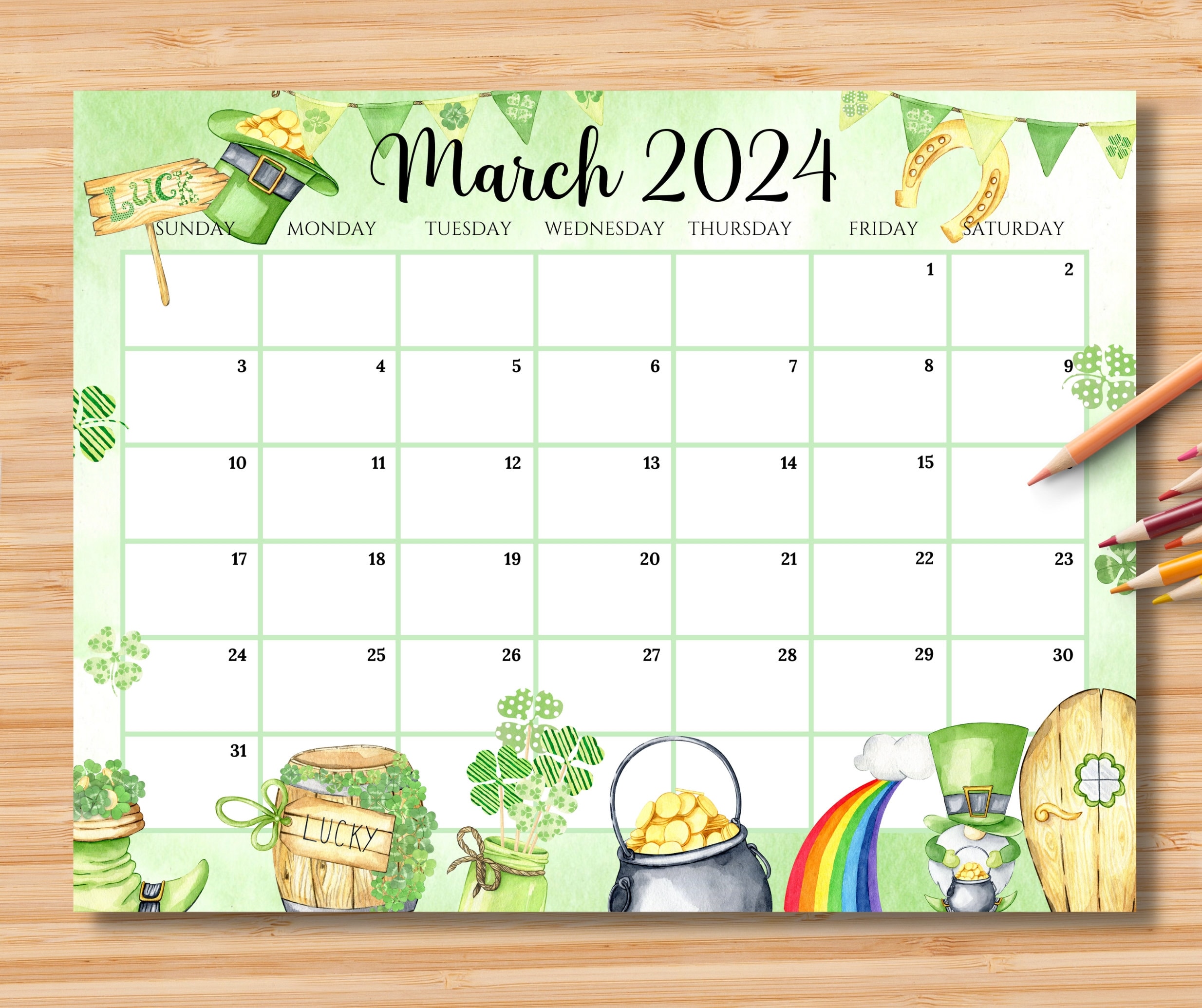 EDITABLE March 2024 Calendar, Happy St. Patrick's Day With Cute Gnome Planner, Printable Monthly Kids School Schedule, Instant Download - Etsy