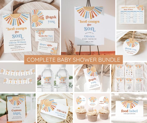 Sunshine Baby Shower Invitation Bundle, Here Comes the Son Invite Set, Summer Baby Shower, It's a Boy Baby Shower Games, Editable Template