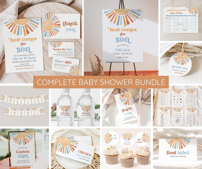 May include: A complete baby shower bundle with a sunburst theme in shades of orange, yellow, blue, and brown. The bundle includes invitations, thank you cards, water bottle labels, food labels, a welcome sign, a diaper raffle sign, and other printable items. The text "Here comes the son" and "Olivia's Baby Shower" are included in the design.