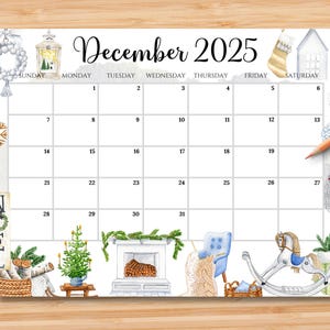 EDITABLE December 2025 Calendar, Scandinavian Christmas Planner, Printable Monthly Schedule for Kids School Home Office Work, Digital
