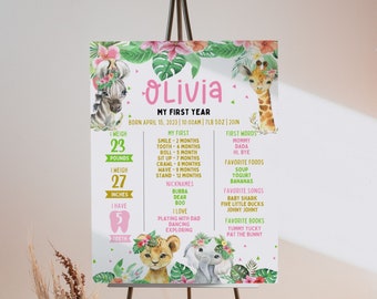 Afiche de hitos de safari editable, tablero de hitos de Wild One, decoraciones de primer cumpleaños de safari, letrero de primer cumpleaños de la jungla, descarga instantánea