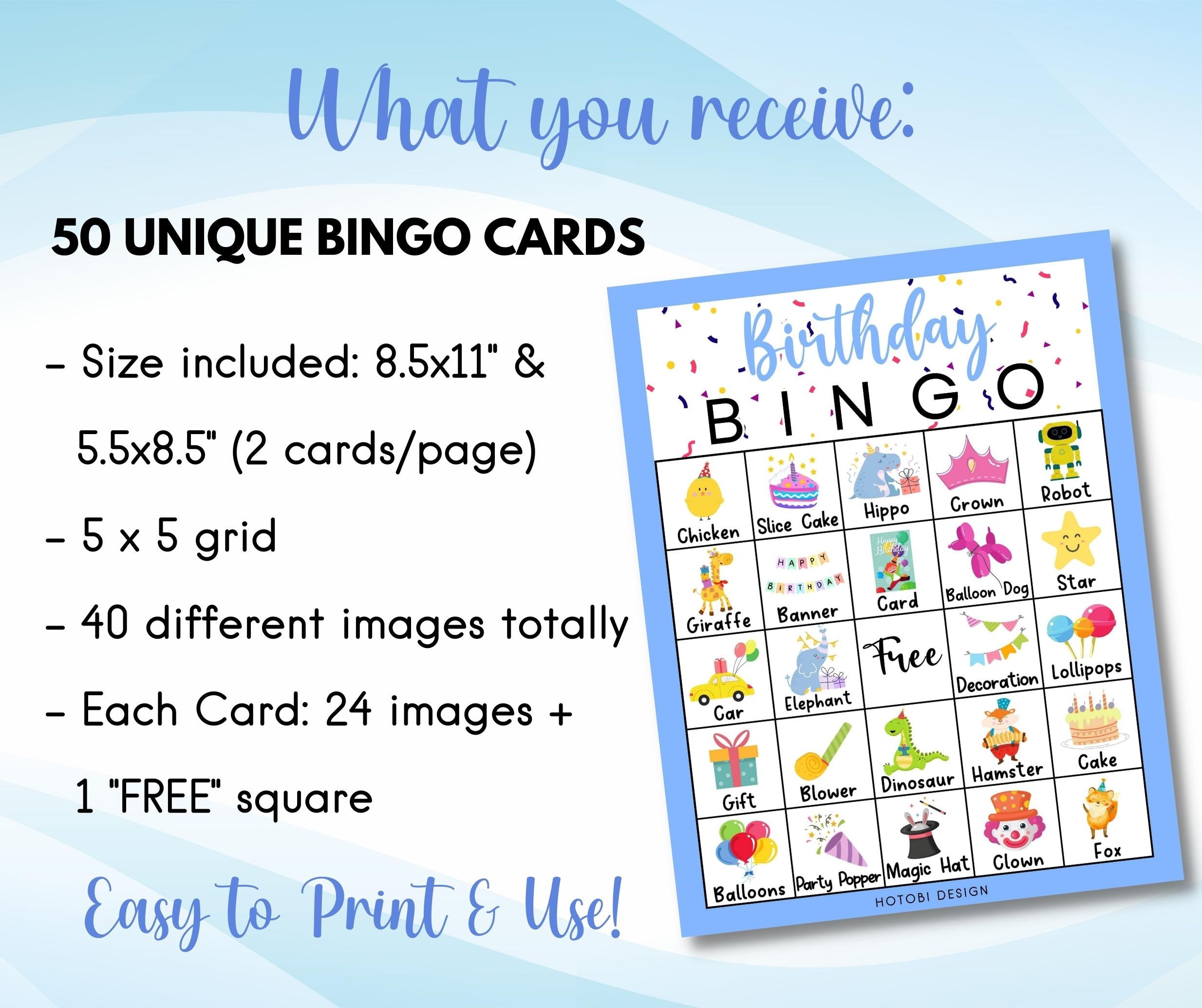 Juego de bingo de cumpleaños imprimible (niño), 50 tarjetas de bingo únicas  con etiquetas, actividad de cumpleaños para niños y adolescentes, juegos de  fiesta divertidos, descarga instantánea - Etsy México, image size:2468x2069