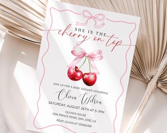 Cherry Baby Shower Invitation, Cherry on top Invite, Coquette Pink Bow Berries, Girl Baby Shower, Editable Templates, Instant Download