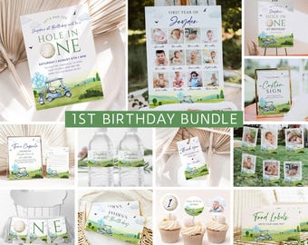 May include: A printable 1st birthday party bundle with a golf theme. The bundle includes invitations, food labels, water bottle labels, a banner, cupcake toppers, a sign, and a photo collage. The design features a green golf course with a golf cart and a golf ball.