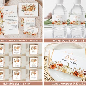 May include: Fall-themed baby shower printable set with a pumpkin and floral design. Includes invitations, thank you cards, water bottle labels, candy bar wrappers, and editable signs. The text on the invitation reads "A little pumpkin is on the way!" and the text on the thank you card reads "Thank you".