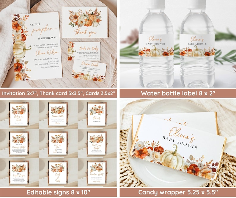 May include: Fall-themed baby shower printable set with a pumpkin and floral design. Includes invitations, thank you cards, water bottle labels, candy bar wrappers, and editable signs. The text on the invitation reads "A little pumpkin is on the way!" and the text on the thank you card reads "Thank you".