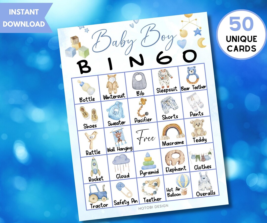 50 Baby Boy Bingo Game Cards, Watercolor Blue Aesthetic, Baby Bingo