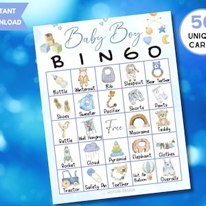 50 tarjetas de juego de bingo para bebés, estética azul acuarela, juegos de bingo para bebés, tarjetas de juego para baby shower imprimibles con etiqueta, descarga instantánea