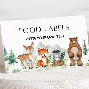 Bewerkbare naamkaartje bos babyshower, label bos dierlijk voedsel, kaart buffettent, voedseletiket, tafelnaamkaartje, genderneutraal, digitaal