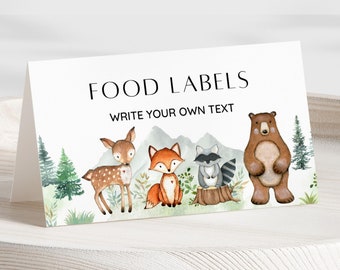 Editable Woodland Baby Shower Place Card, Woodland Animal Food Tag, Buffet Tent Card, Food Label, Table Name Card, Gender Neutral, Digital