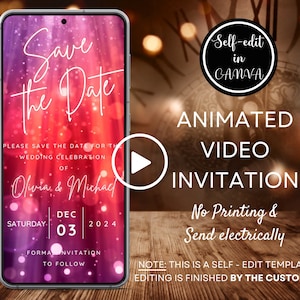 Video salva la data per qualsiasi invito a un evento, invito animato colorato per compleanno/festa di matrimonio, ecologico, smartphone digitale, modello Canva
