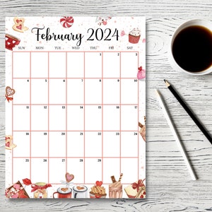 EDITABLE February 2024 Calendar (Vertical / Portrait), Happy Valentine Planner with Sweet Desserts, Kids School Schedule, Instant Download