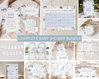 May include: A complete baby shower bundle with a blue and white ocean theme. The bundle includes invitations, thank you cards, a diaper raffle card, a guess the birth date calendar, a welcome sign, a food label, cupcake toppers, water bottle labels, a banner, and a game card. The designs feature watercolor illustrations of sea creatures, including fish, jellyfish, and seahorses.
