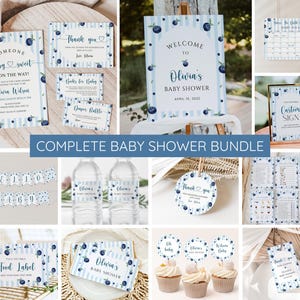 Pacchetto di inviti per baby shower a tema mirtillo, set di inviti per baby shower a tema bacca, modello modificabile, lotteria dei pannolini, biglietti di ringraziamento per libri per bambini