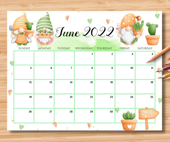 editable june 2022 calendar june monthly calendar summer etsy