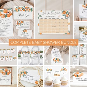 Little Cutie babyshower uitnodigingsbundel, oranje babyshower uitnodiging, citrus babyshower, bewerkbare sjabloon, afdrukbaar babyshowerspel