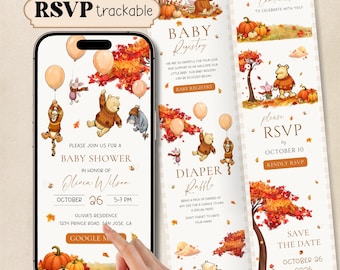 Fall Winnie the Pooh Baby Shower Website Invitation, Online RSVP Digital Invite, Autumn Pumpkin Bear Baby shower, Editable Canva Template