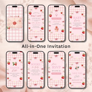 K&ouml;nnte beinhalten: Acht Smartphone-Bildschirme zeigen ein digitales Babyparty-Einladungsset mit einem rosa Vichy-Karo-Hintergrund, Erdbeer-Illustrationen und roten Schleifen. Der Text enth&auml;lt Details wie You're invited, Someone berry sweet, Baby Registry, Diaper Raffle, Books for Baby, RSVP und Save the Date.