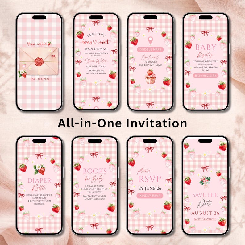 K&ouml;nnte beinhalten: Acht Smartphone-Bildschirme zeigen ein digitales Babyparty-Einladungsset mit einem rosa Vichy-Karo-Hintergrund, Erdbeer-Illustrationen und roten Schleifen. Der Text enth&auml;lt Details wie You're invited, Someone berry sweet, Baby Registry, Diaper Raffle, Books for Baby, RSVP und Save the Date.
