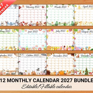 Editable 2027 Monthly Calendar Bundle, Fillable PDF Planner, Printable Letter Size Calendar for Home, School, Office & Work Instant Download
