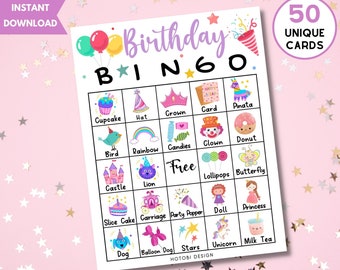 Printable Birthday Bingo Game (Girl), 50 Unique Bingo Cards w/Labels, Birthday Activity for Kids & Teens, Fun Party Games, Instant Download