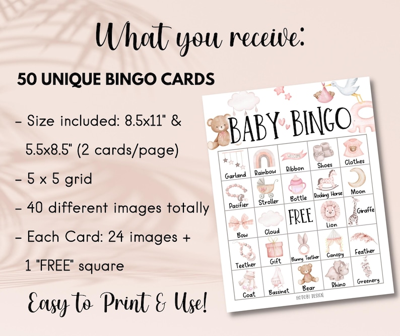 50 tarjetas de juego de bingo para bebés, estética boho de acuarela, tarjeta de juego de bingo para bebés imprimible para baby shower con etiqueta de género neutro, descarga instantánea imagen 4