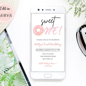 Editable Cute Pink Donut First Birthday Party Invitation, Electronic 1st Birthday Invite, Sweet One Birthday Evite, Editable Template Canva