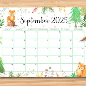 Calendario settembre 2025 MODIFICABILE, Bellissimo autunno con simpatiche volpi e foglie gialle, Calendario mensile stampabile per i compiti di casa e della scuola dei bambini