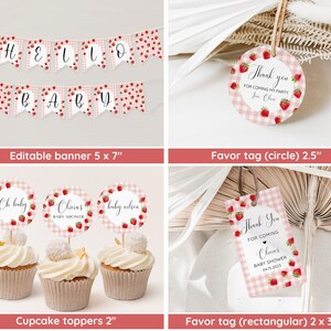 May include: A set of printable baby shower decorations featuring a strawberry and gingham pattern. The set includes a banner that says "Hello Baby", cupcake toppers, and two styles of favor tags. The favor tags say "Thank You for Coming to Olivia's Baby Shower".
