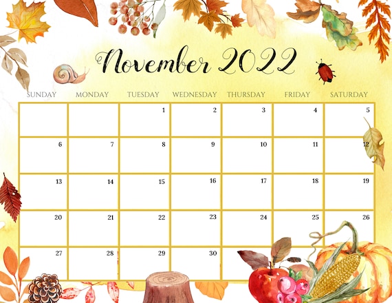 editable november 2022 calendar beautiful fall autumn etsy canada