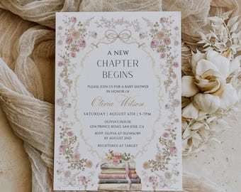 Storybook Baby Shower Invitation, New Chapter Begins Baby Shower Invite, Vintage Floral Baby Shower Invitation Template, Editable Canva