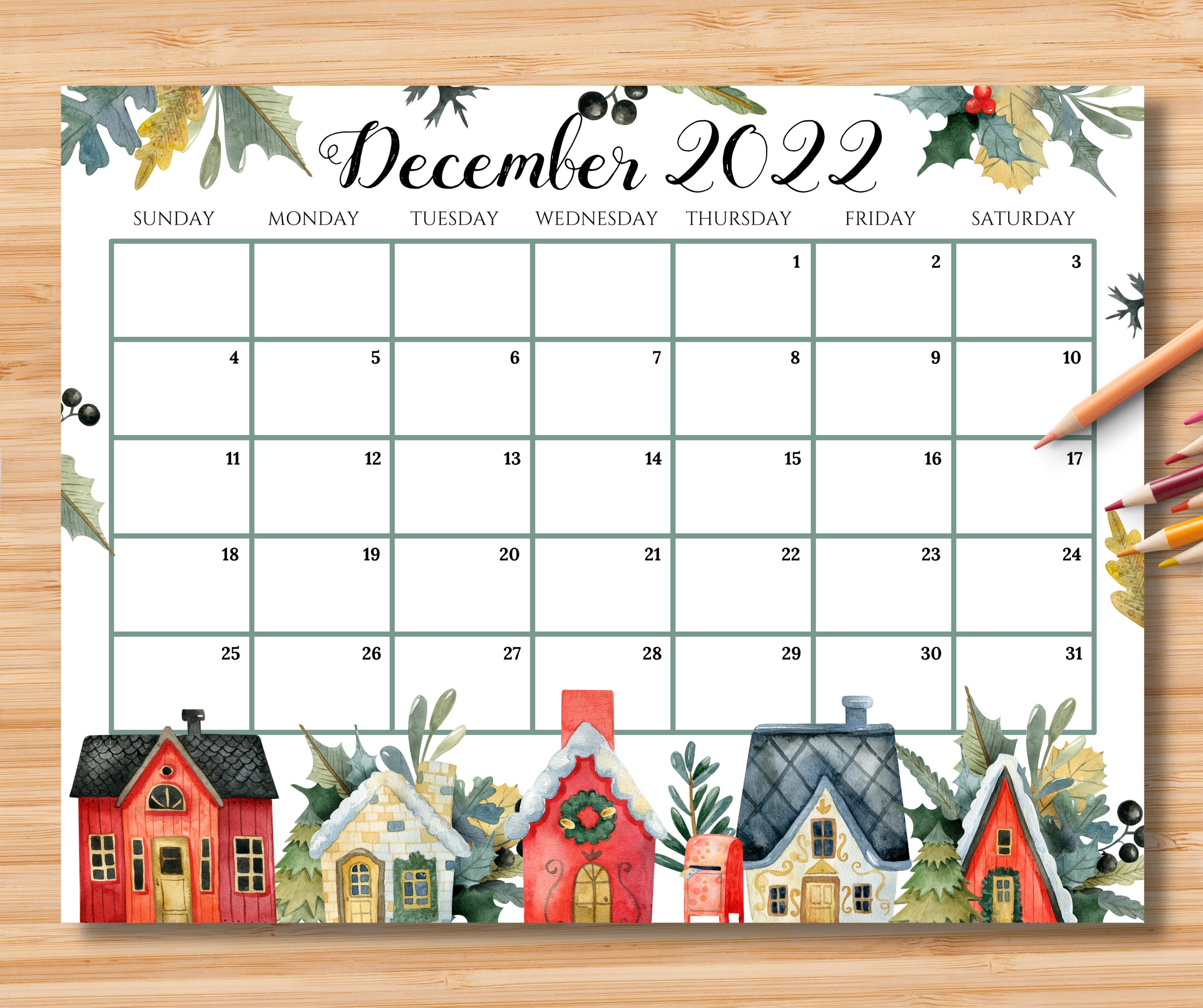 EDITABLE December 2022 Calendar Gorgeous Colorful Christmas 
