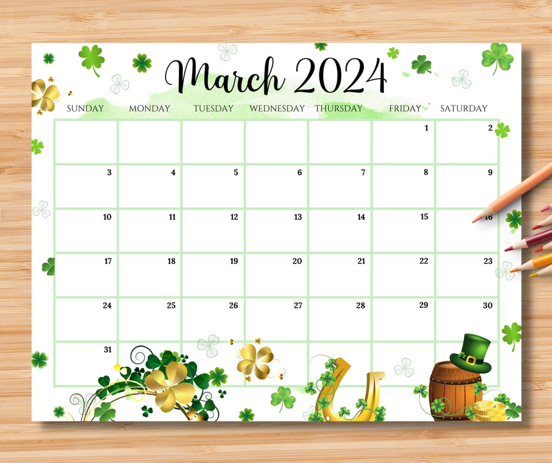 EDITABLE March 2024 Calendar, Happy St. Patrick's Day Planner