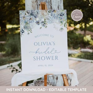 Dusty Blue Bridal Shower Welcome Sign, Something Blue Floral Bridal Shower Welcome Poster, Wedding Shower Welcome Sign, EDITABLE, Printable