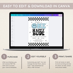 May include: A laptop screen displays a birthday invitation template. The invitation features the text "ONE HAPPY DUDE" with a smiley face, and details for the event. The design includes a black and white checkered pattern.