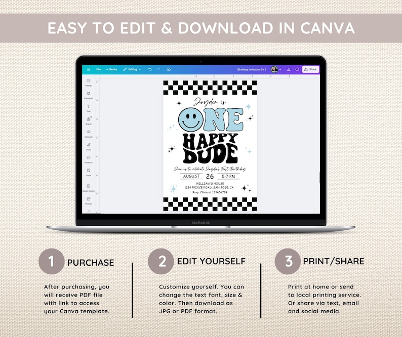 May include: A laptop screen displays a birthday invitation template. The invitation features the text "ONE HAPPY DUDE" with a smiley face, and details for the event. The design includes a black and white checkered pattern.