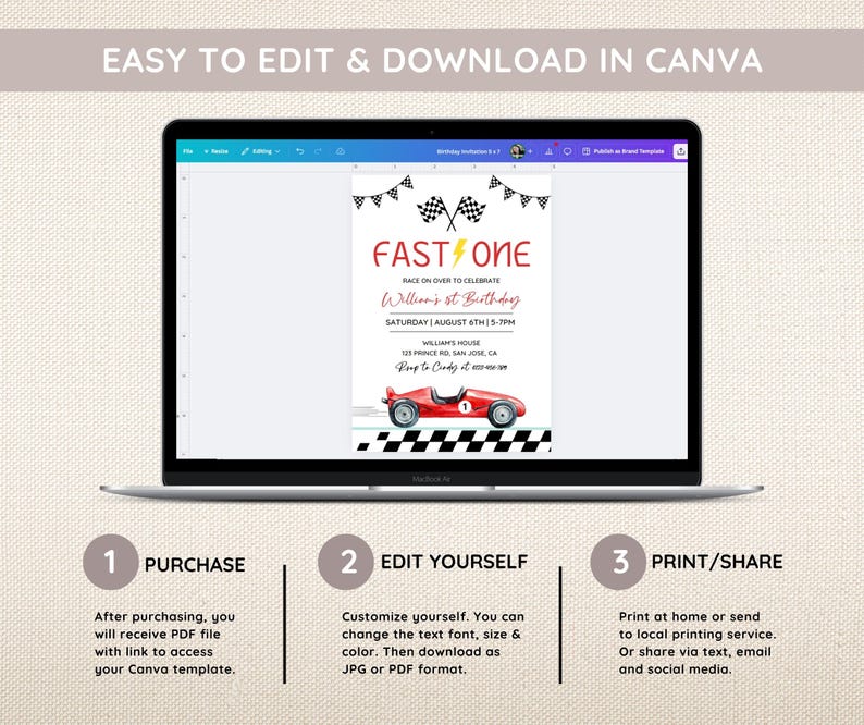 Puede incluir: Una pantalla de port&aacute;til muestra una plantilla de invitaci&oacute;n de cumplea&ntilde;os con el texto "FAST ONE" y un gr&aacute;fico de coche de carreras rojo. La invitaci&oacute;n incluye detalles como la fecha, la hora y el lugar. Tambi&eacute;n se muestran instrucciones para editar y descargar la plantilla.