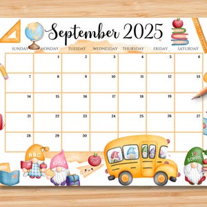 EDITABLE September 2025 Calendar, Back To School Planner with Cute Gnomes, Printable Classroom Calendar, Kids School Homeschool Schedule
