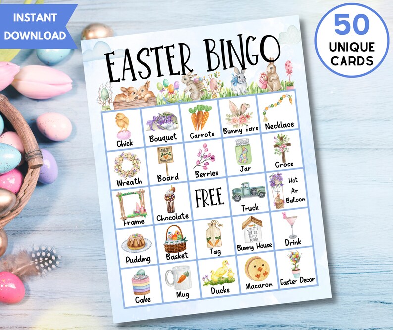 Printable Easter Bingo Game, 50 Unique Bingo Cards W/labels, Easter ...