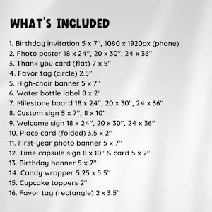 May include: A list titled "WHAT'S INCLUDED" in black text on a white background. The list details various party supplies, including invitations, posters, banners, and tags, with specific dimensions in inches.