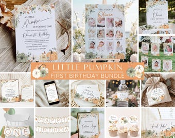 Little Pumpkin Birthday Bundle, Fall Birthday Invitation, Welcome Sign, Photo Poster, Autumn First Birthday Bundle, Editable Canva Template