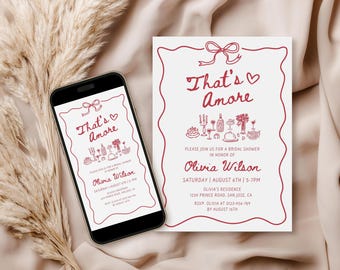 That's Amore ブライダルシャワー招待状、イタリアンウェディングシャワー招待状テンプレート、手描きの婚約パーティーデコレーション、編集可能なCanvaテンプレート