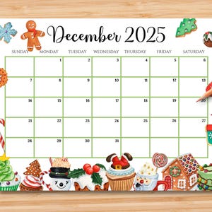 EDITABLE December 2025 Calendar, Colorful Christmas w/ Sweets & Drinks, Printable Monthly Christmas Planner for Kid School Home Office Work