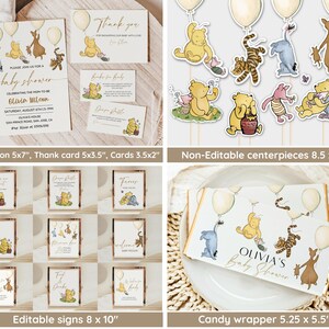 May include: Winnie the Pooh baby shower printable set with invitations, thank you cards, signs, centerpieces, and candy wrappers. The set features a yellow and brown color scheme with Winnie the Pooh and his friends.