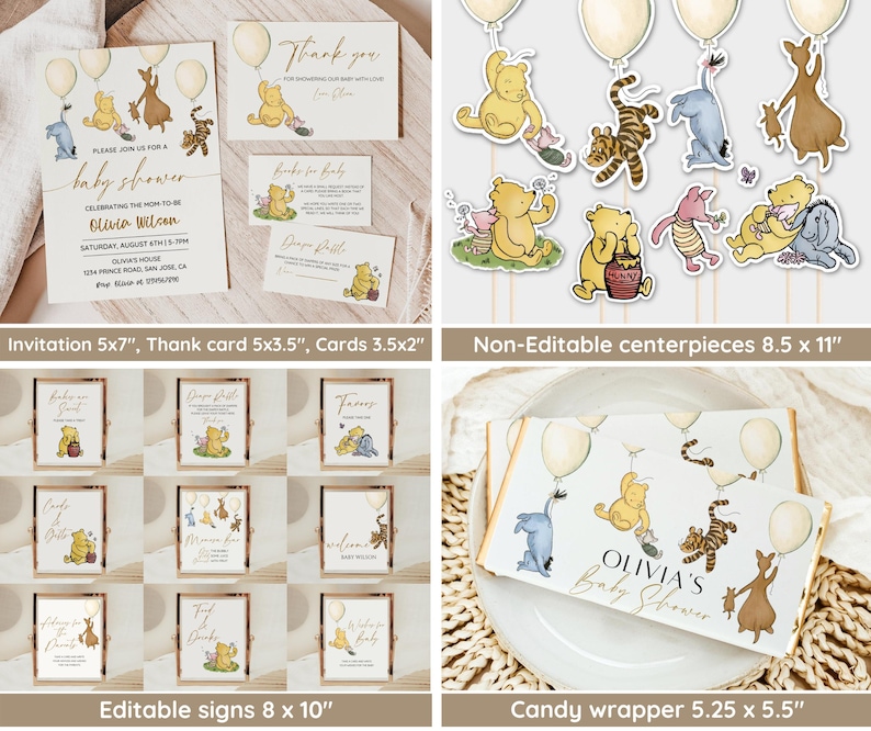 May include: Winnie the Pooh baby shower printable set with invitations, thank you cards, signs, centerpieces, and candy wrappers. The set features a yellow and brown color scheme with Winnie the Pooh and his friends.