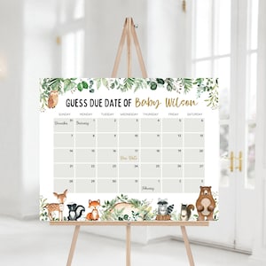 Woodland Baby Fälligkeitsdatumskalender, Babypartyspiel, Errate den Geburtstag des Babys, bearbeitbare Babyvorhersage, Fälligkeitsdatumsspiel, digital, Sofort-Download
