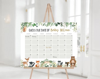 Förfallodatumskalender för bebisar i skogen, babyshowerspel, gissa barnets födelsedag, redigerbar babyprognos, förfallodatumsspel, digital, direktnedladdning