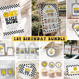 One Happy Dude Birthday Invitation Bundle, Editable Retro One Happy Dude First Birthday Invite Boy, Smiley Face Party Template, Printable image 1