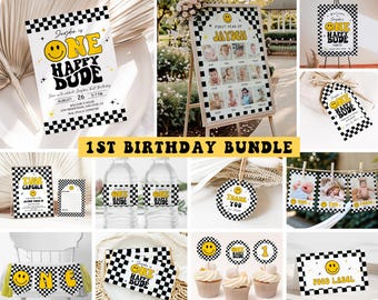 One Happy Dude Birthday Invitation Bundle, Editable Retro One Happy Dude First Birthday Invite Boy, Smiley Face Party Template, Printable