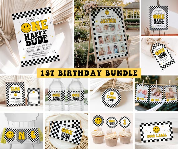 One Happy Dude Birthday Invitation Bundle, Editable Retro One Happy Dude First Birthday Invite Boy, Smiley Face Party Template, Printable